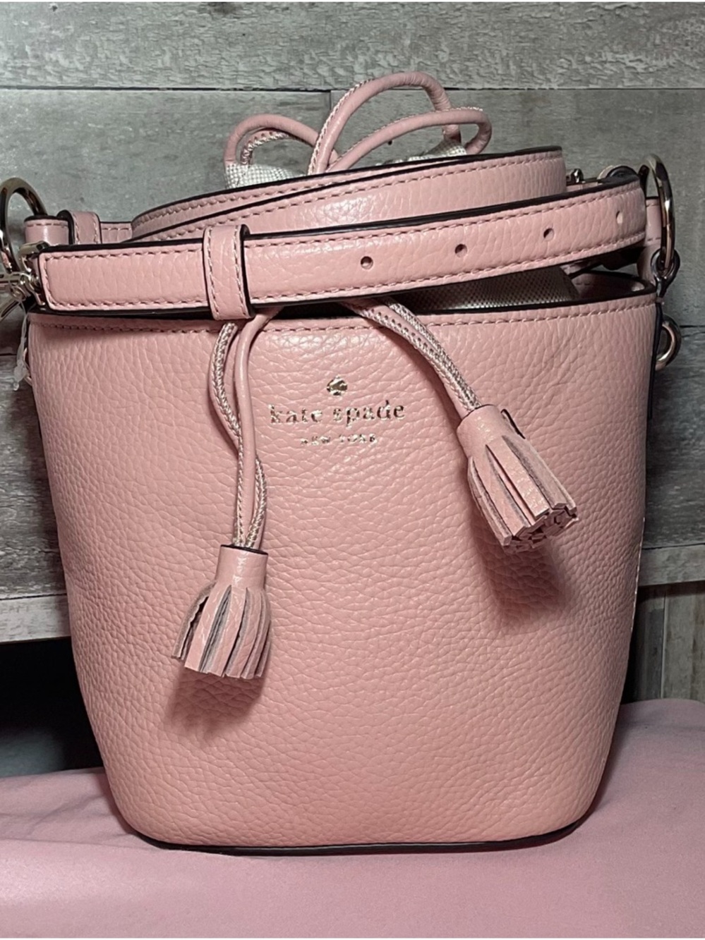 kate spade Blush Pink Pebbled Leather Mini Bucket Bag with Tassels